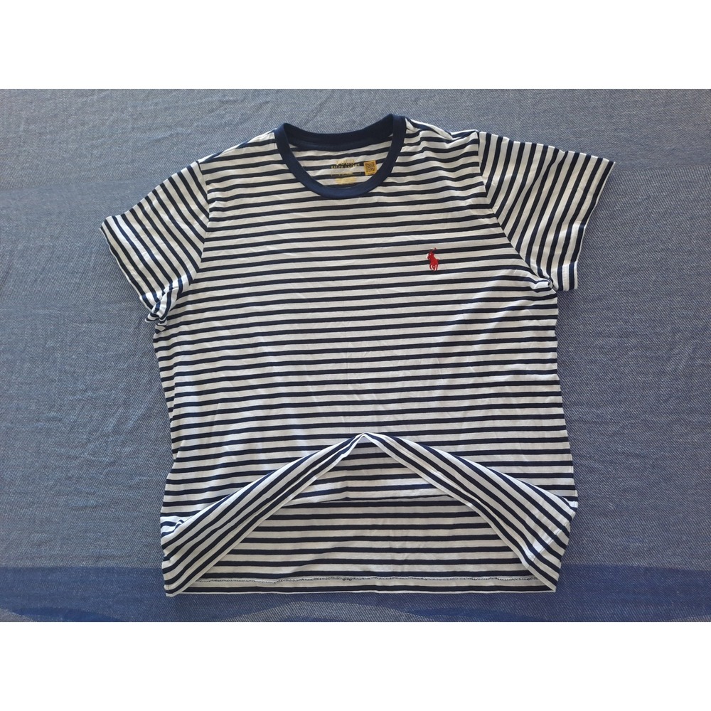 Polo Ralph Lauren Women Navy White Striped Short Sleeve T-Shirt Size L Red Pony
